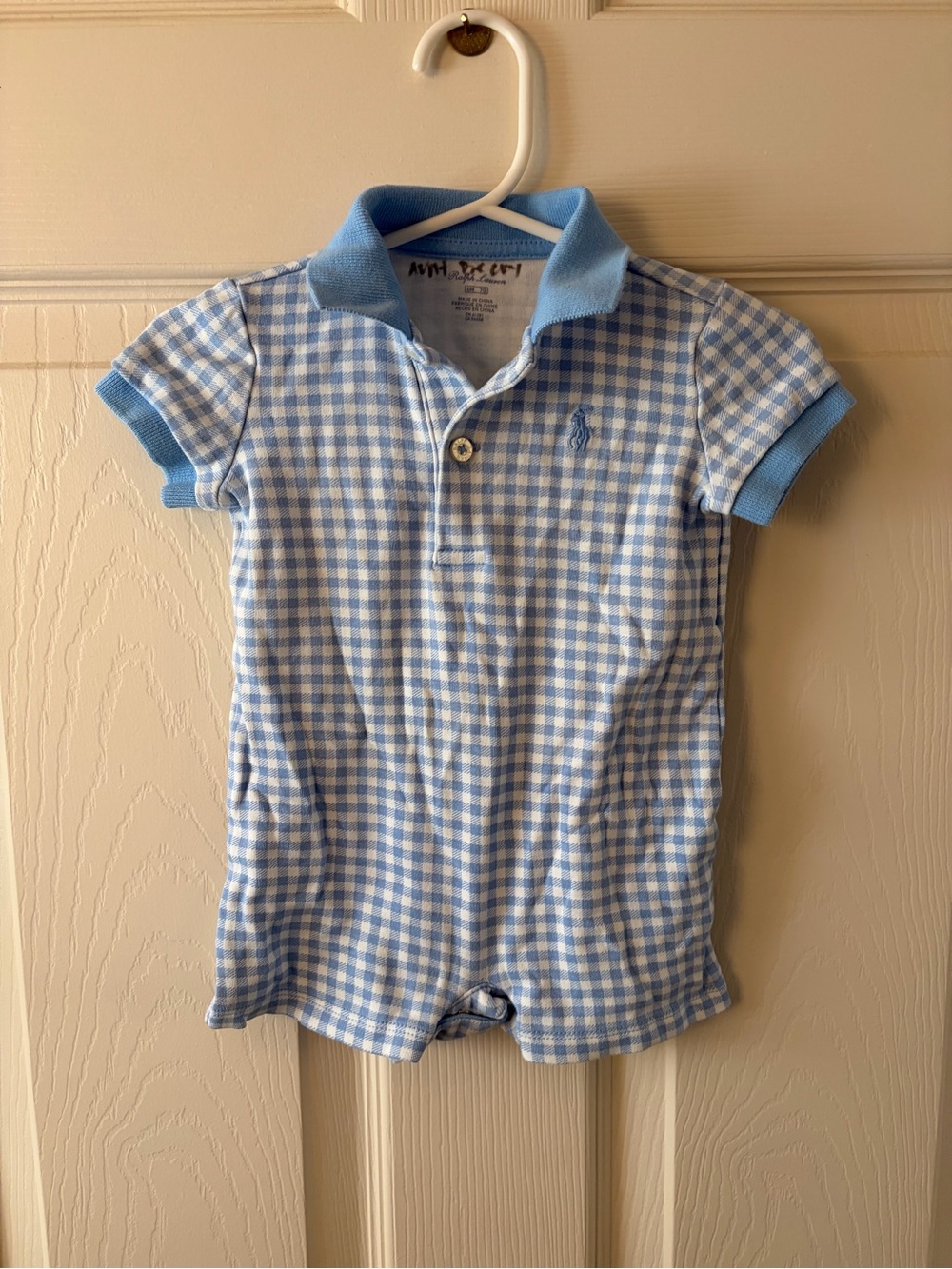 Ralph Lauren Light Blue & White Gingham Polo Romper